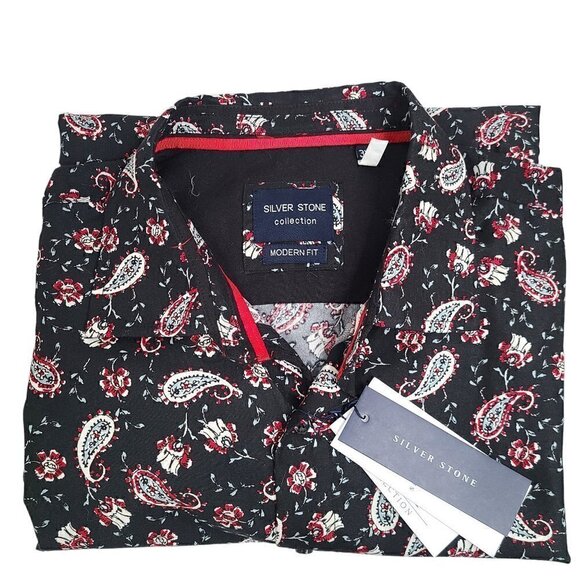 NWT SILVER STONE COLLECTION Mens Black & Red Paisley Button up Shirt Modern Fit - Picture 6 of 8